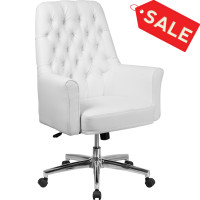 Flash Furniture BT-444-MID-WH-GG Mid-Back Traditional Tufted Leather Executive Swivel Chair with Arms in White